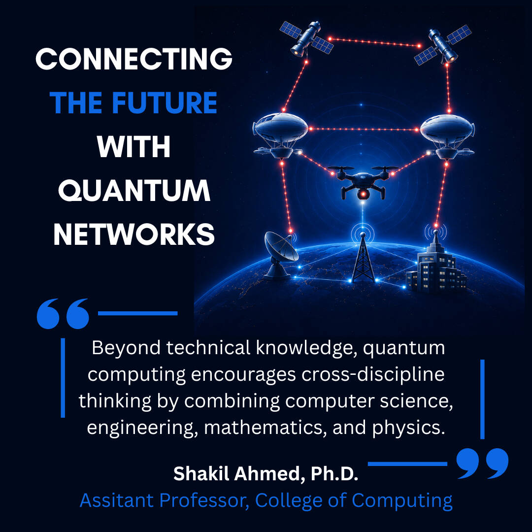 Image showing quantum networks, on earth, in the sky, and in sapce. With the title: connecting the future with quantum networks